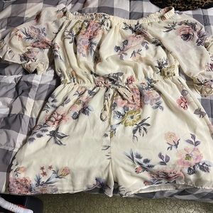 Floral Off-Shoulder Romper Dress - Cream with Pink & Gray Flowers